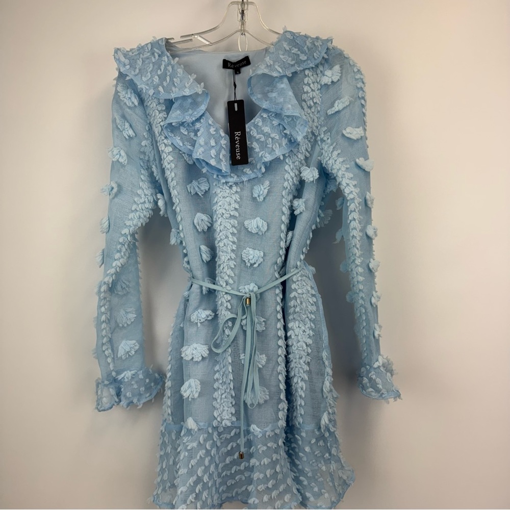 Reveuse Dress‎ Light Blue Swiss Dot Ruffle Mini Dress Women's Sz. S NWT